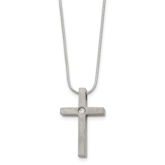 Chisel Titanium Brushed with CZ Cross 18 inch Necklace