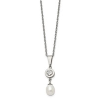 Chisel Titanium Polished Necklace with CZ and Freshwater Cultured Pearl, 22" view 2