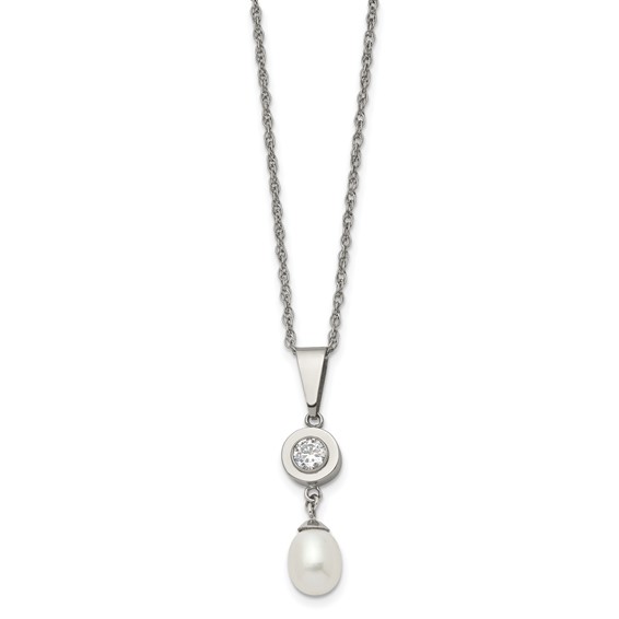 Chisel Titanium Polished with CZ and Freshwater Cultured Pearl 22 inch Necklace