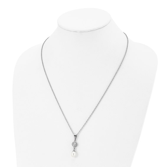 Chisel Titanium Polished with CZ and Freshwater Cultured Pearl 22 inch Necklace