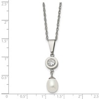 Chisel Titanium Polished Necklace with CZ and Freshwater Cultured Pearl, 22" view 3