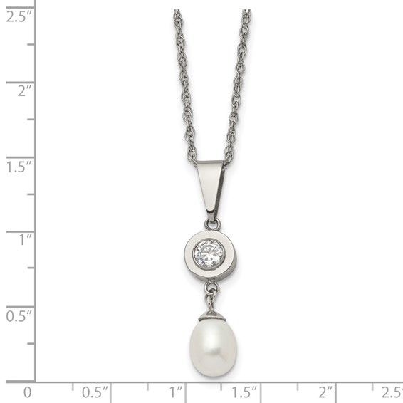 Chisel Titanium Polished with CZ and Freshwater Cultured Pearl 22 inch Necklace