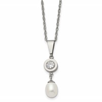 Chisel Titanium Polished Necklace with CZ and Freshwater Cultured Pearl, 22" view 1