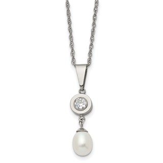 Chisel Titanium Polished with CZ and Freshwater Cultured Pearl 22 inch Necklace