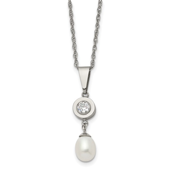 Chisel Titanium Polished with CZ and Freshwater Cultured Pearl 22 inch Necklace