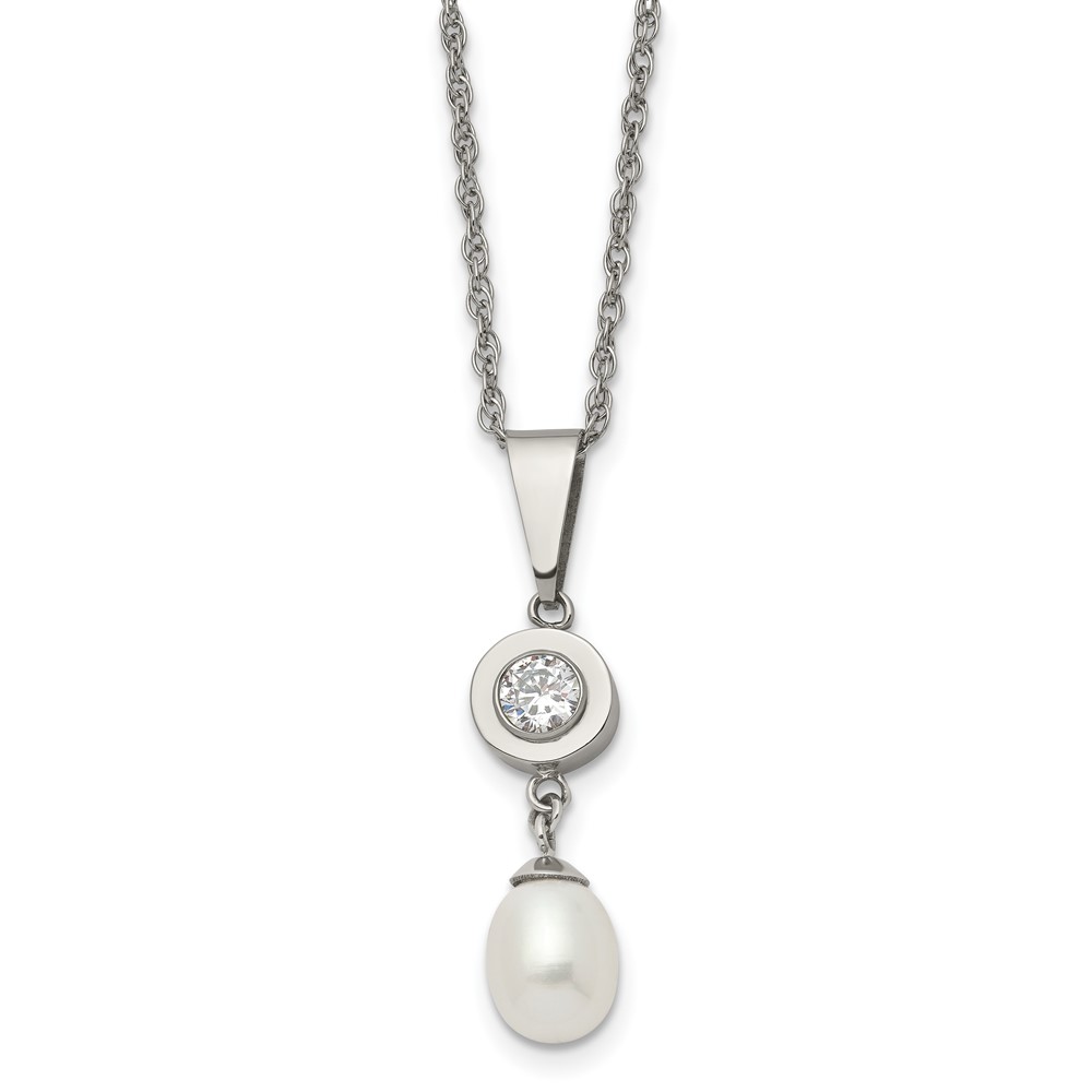Titanium Polished w/CZ and Freshwater Cultured Pearl 22in Necklace