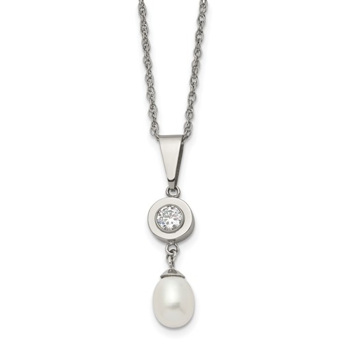 Chisel Titanium Polished Necklace with CZ and Freshwater Cultured Pearl, 22"