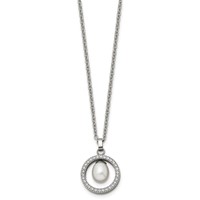 Chisel Titanium Polished Necklace with CZ and Freshwater Cultured Pearl, 22" view 2