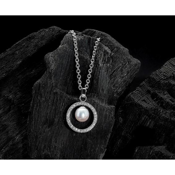 Chisel Titanium Polished with CZ and Freshwater Cultured Pearl 22 inch Necklace