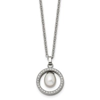 Chisel Titanium Polished Necklace with CZ and Freshwater Cultured Pearl, 22" view 1