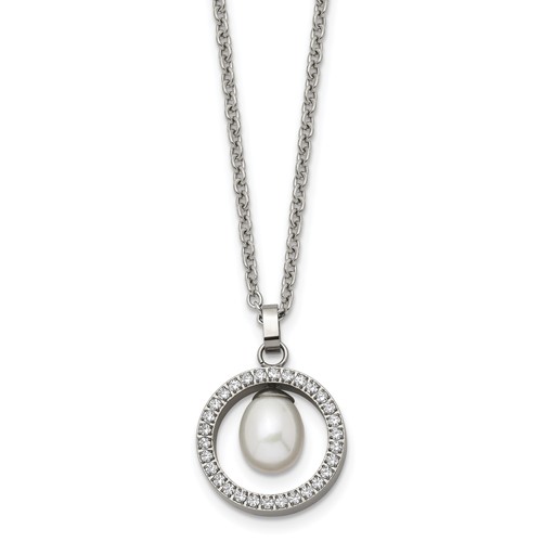 Chisel Titanium Polished Necklace with CZ and Freshwater Cultured Pearl, 22"