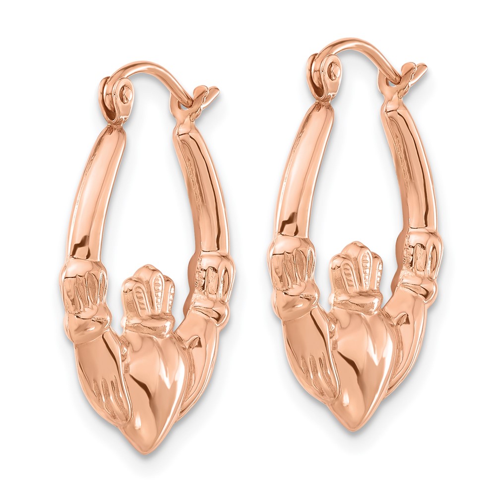 14k Rose Gold Polished Claddagh Hoop Earrings (TC1009)
