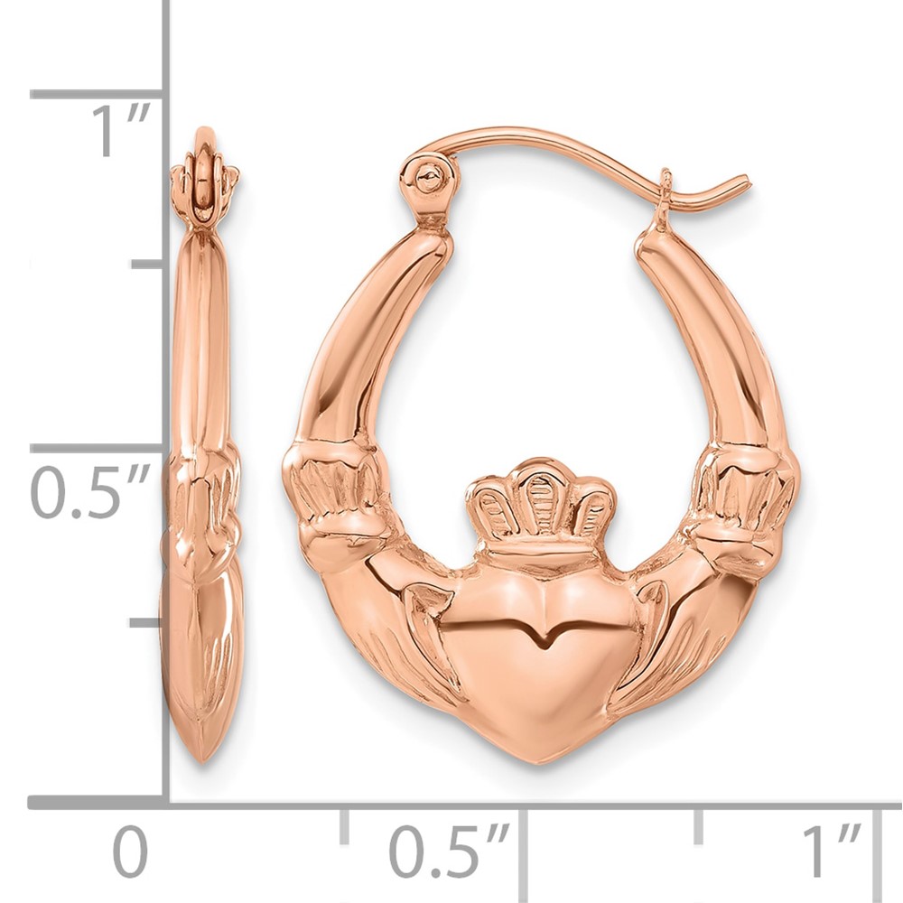 14k Rose Gold Polished Claddagh Hoop Earrings (TC1009)