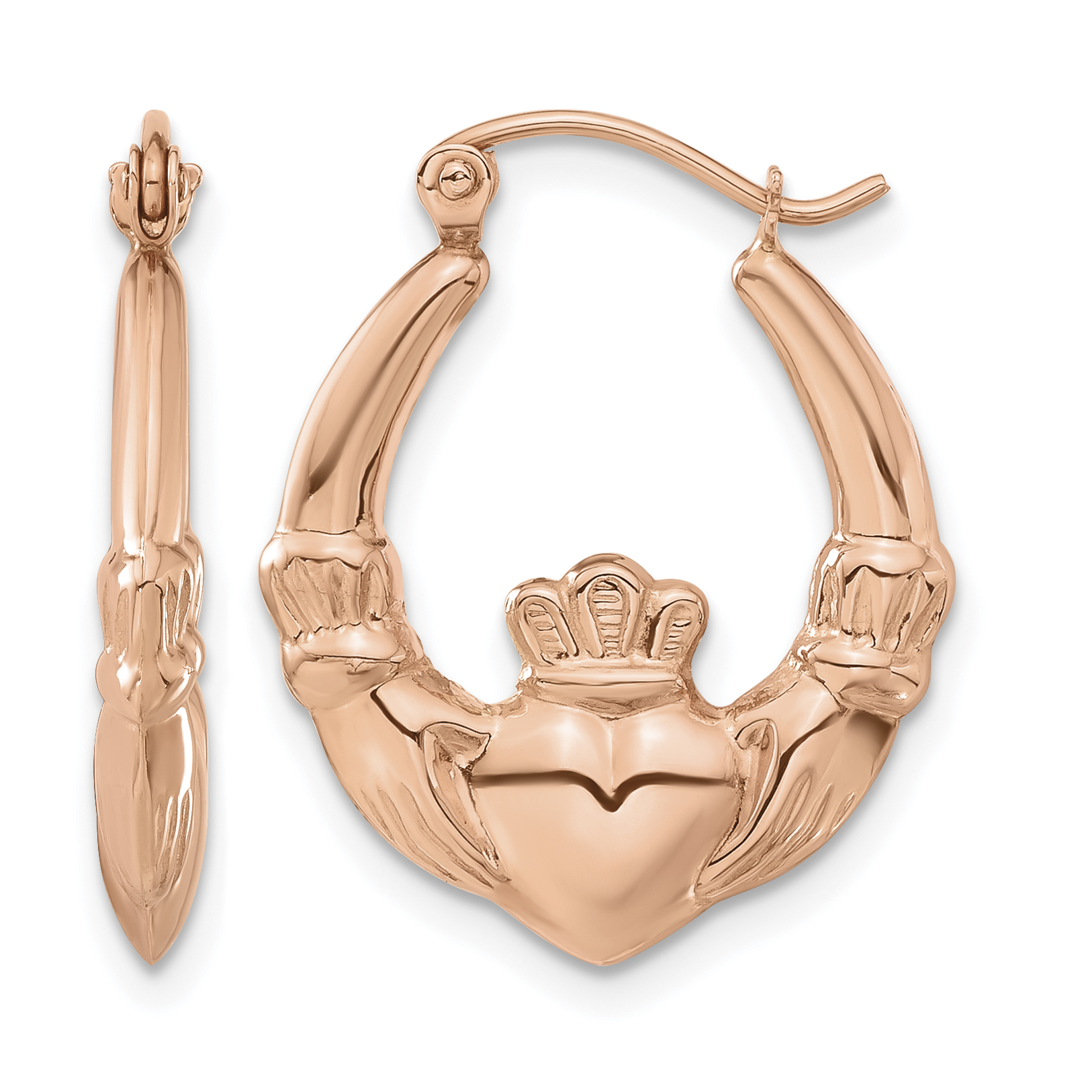 14k Rose Gold Polished Claddagh Hoop Earrings (TC1009)