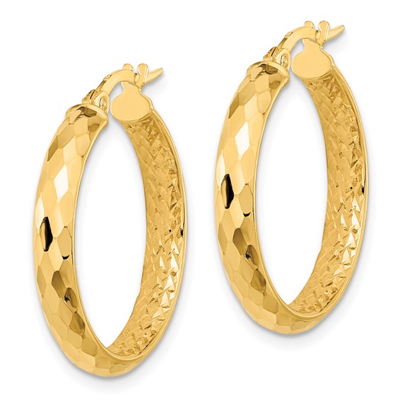 14K 3.75x24mm Faceted Texture with Diamond-cut Inside Fancy Tube Hoop Earrings