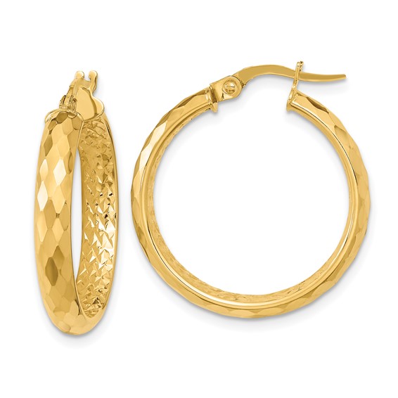14K 3.75x24mm Faceted Texture with Diamond-cut Inside Fancy Tube Hoop Earrings