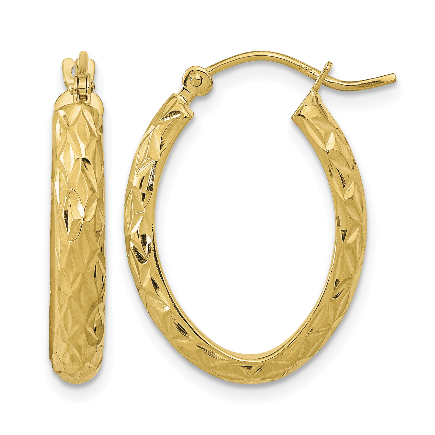 14K Polished Diamond-cut Fancy Oval Hoop Earrings (TC1030)