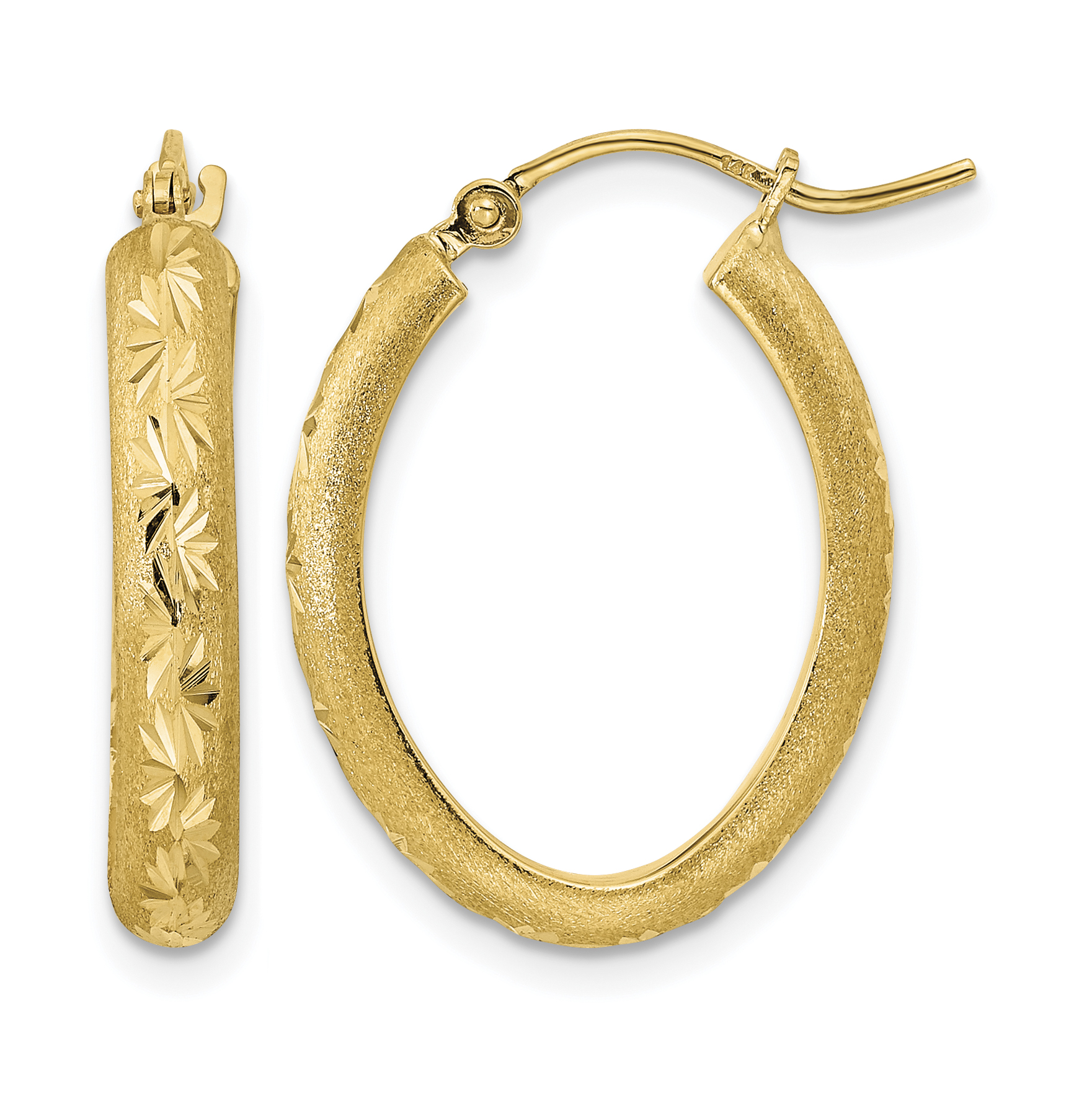 14K Polished and Satin Diamond-cut Oval Hoop Earrings (TC1031)