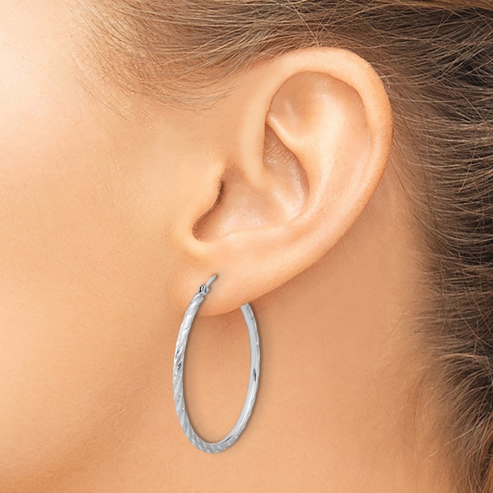 14k White Gold Polished and Satin D/C 2.00mm Hoop Earrings (TC1046W)
