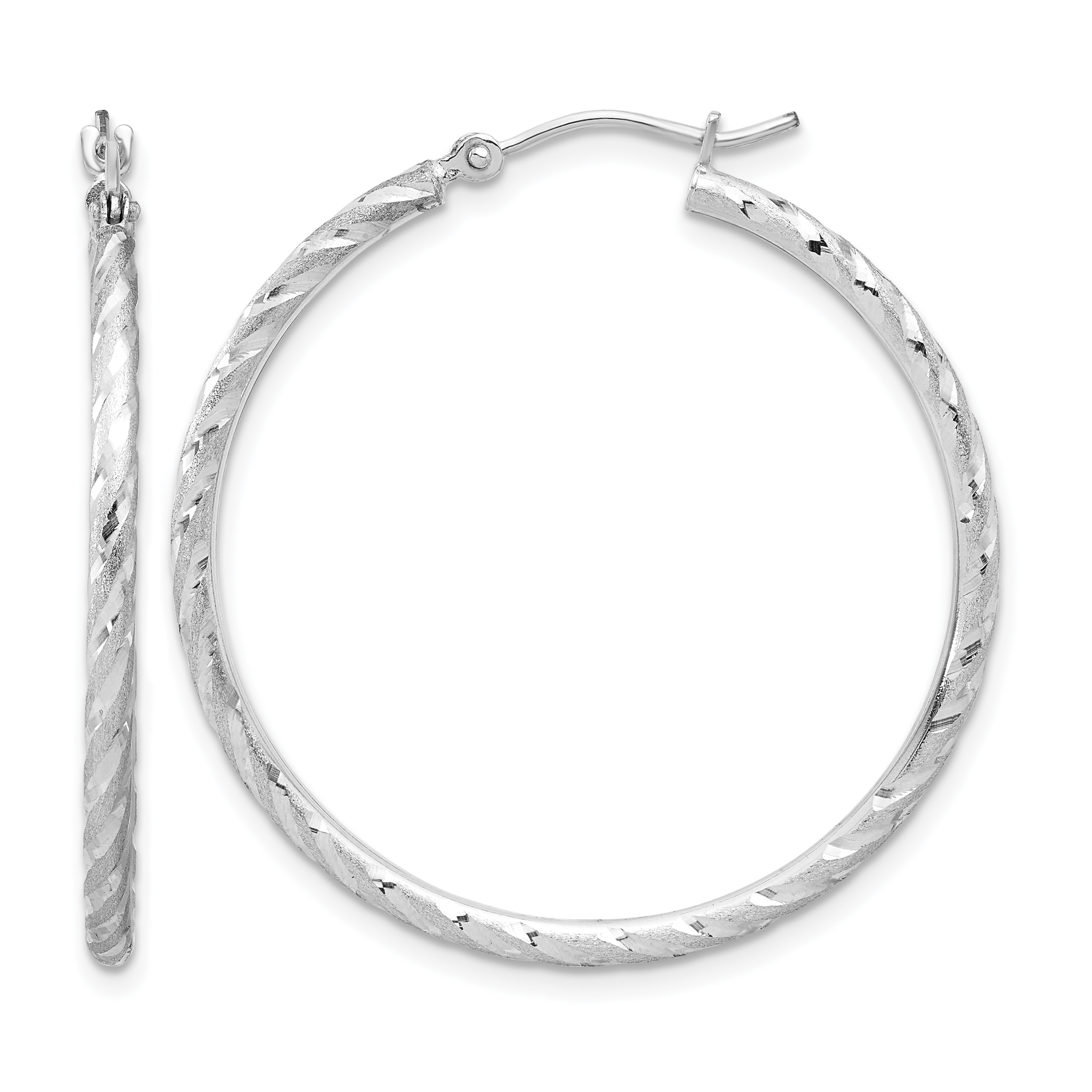 14k White Gold Polished and Satin D/C 2.00mm Hoop Earrings (TC1046W)