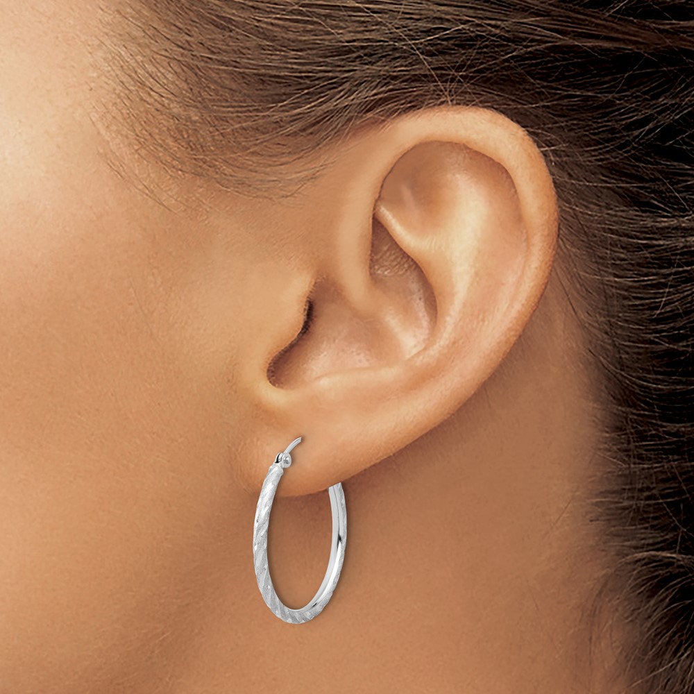 14k White Gold Polished and Satin D/C 2.00mm Hoop Earrings (TC1048W)