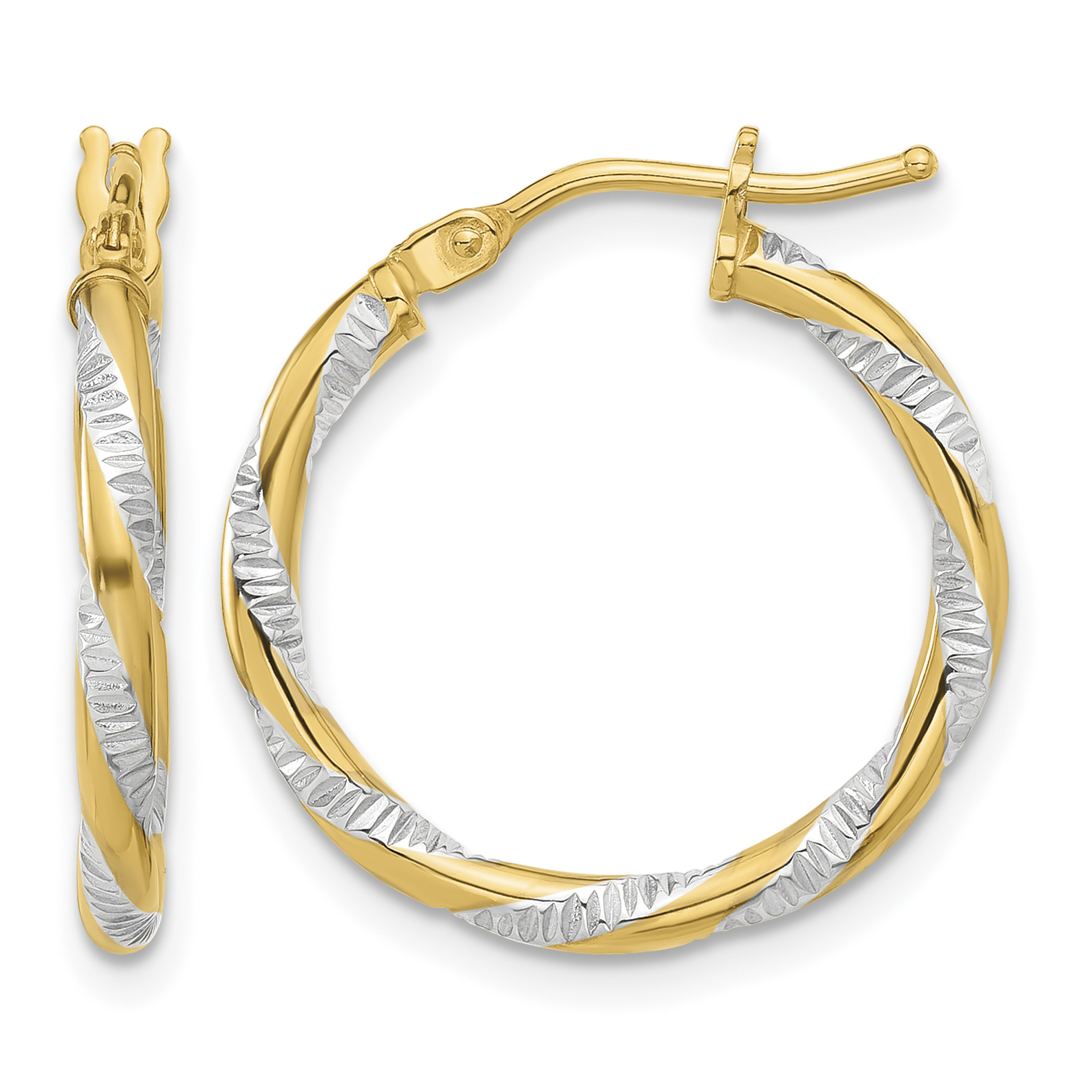 14K and White Rhodium Polished Diamond-cut Hoop Earrings (TC1050)