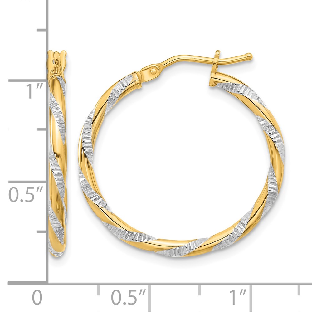 14K and White Rhodium Polished Diamond-cut Hoop Earrings (TC1051)