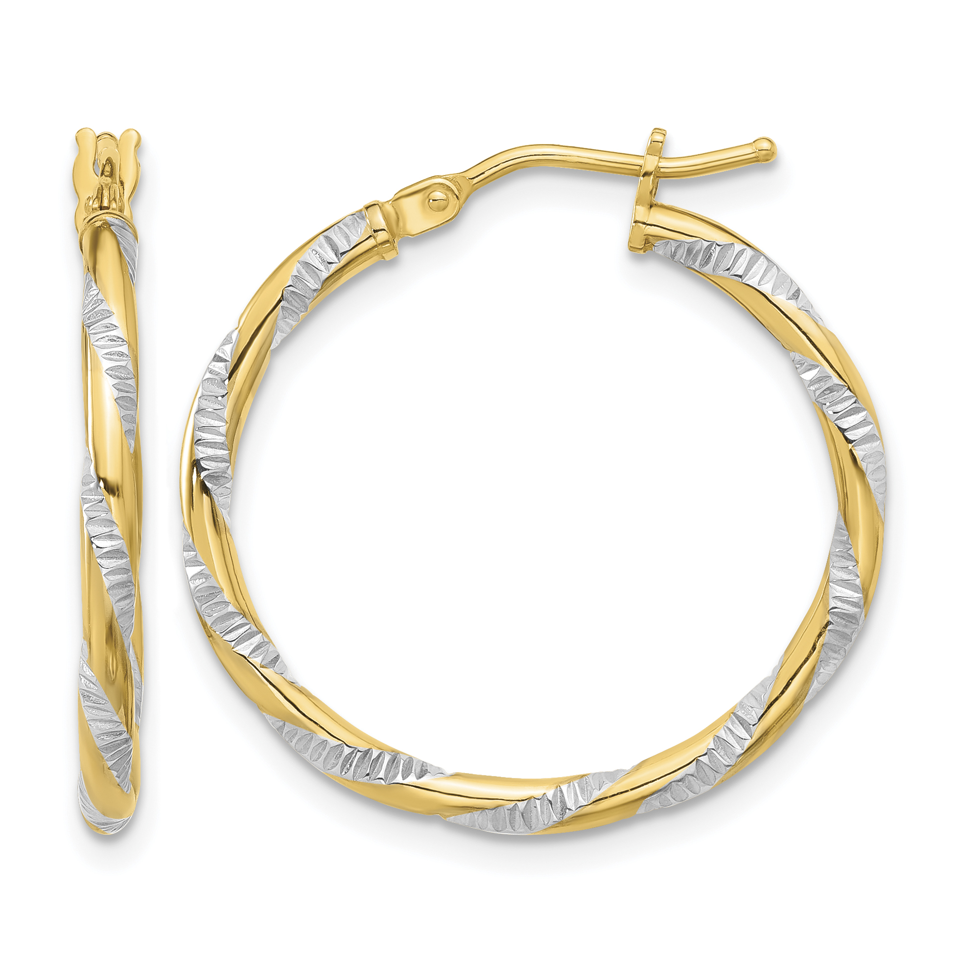 14K and White Rhodium Polished Diamond-cut Hoop Earrings (TC1051)