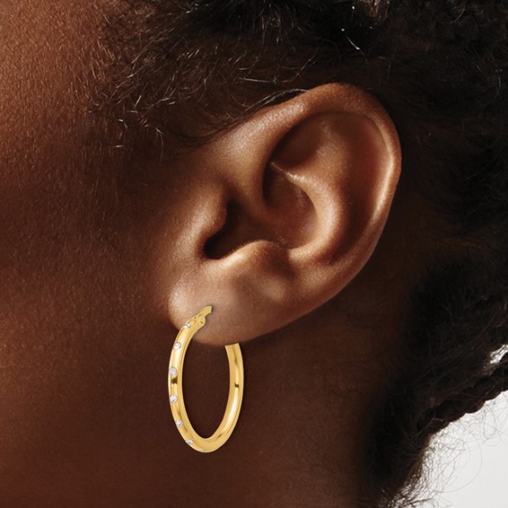 14K Polished CZ Hoop Earrings