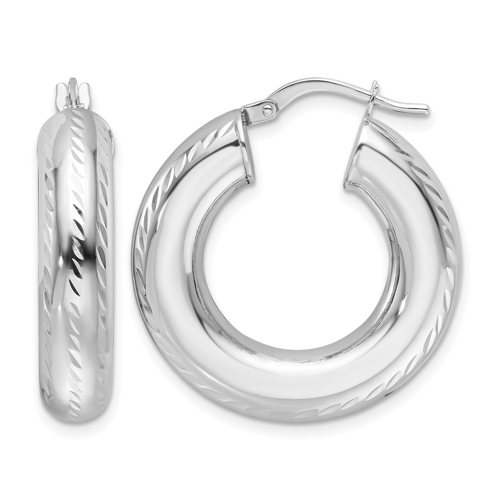 14k White Gold Polished D/C 6mm Hollow Round Hoop Earrings (TC1057W)