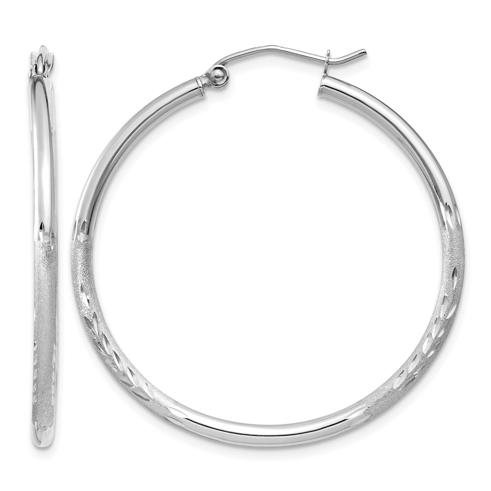14k White Gold Satin and Diamond-cut 2mm Round Hoop Earrings (TC195)