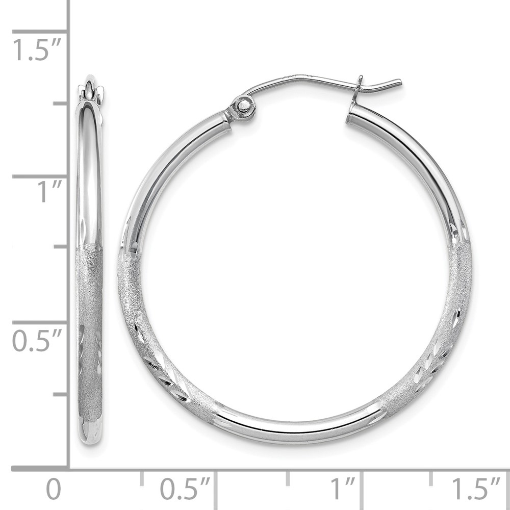 14k White Gold Satin and Diamond-cut 2mm Round Hoop Earrings (TC196)