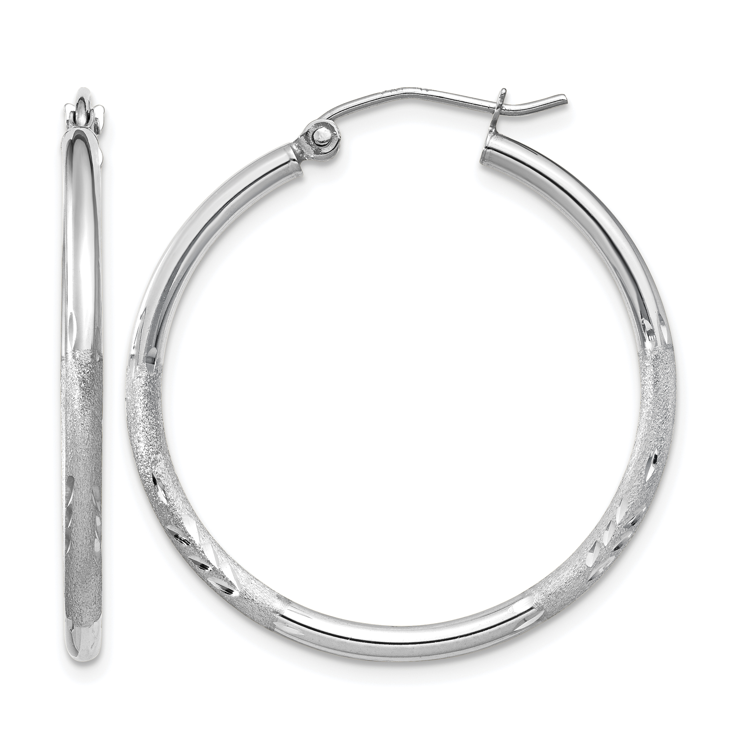 14k White Gold Satin and Diamond-cut 2mm Round Hoop Earrings (TC196)