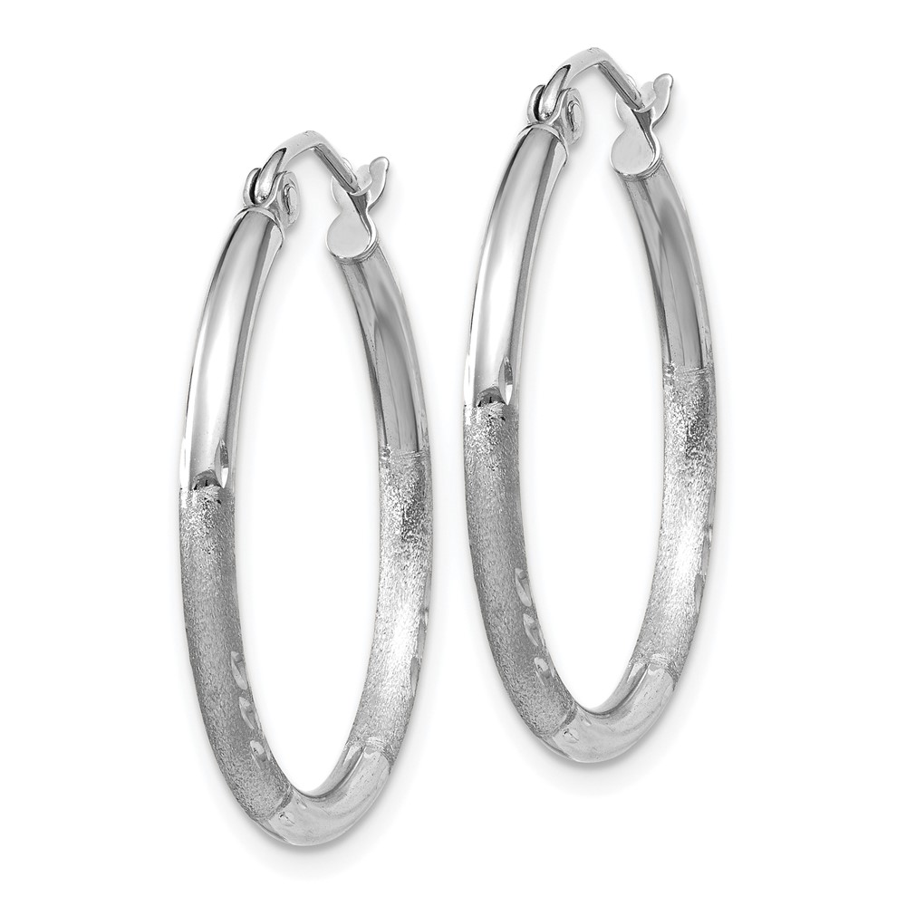 14k White Gold Satin and Diamond-cut 2mm Round Hoop Earrings (TC197)