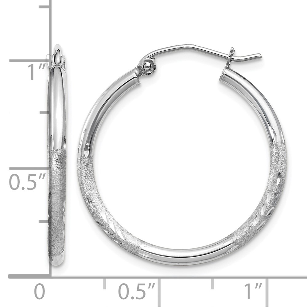 14k White Gold Satin and Diamond-cut 2mm Round Hoop Earrings (TC197)