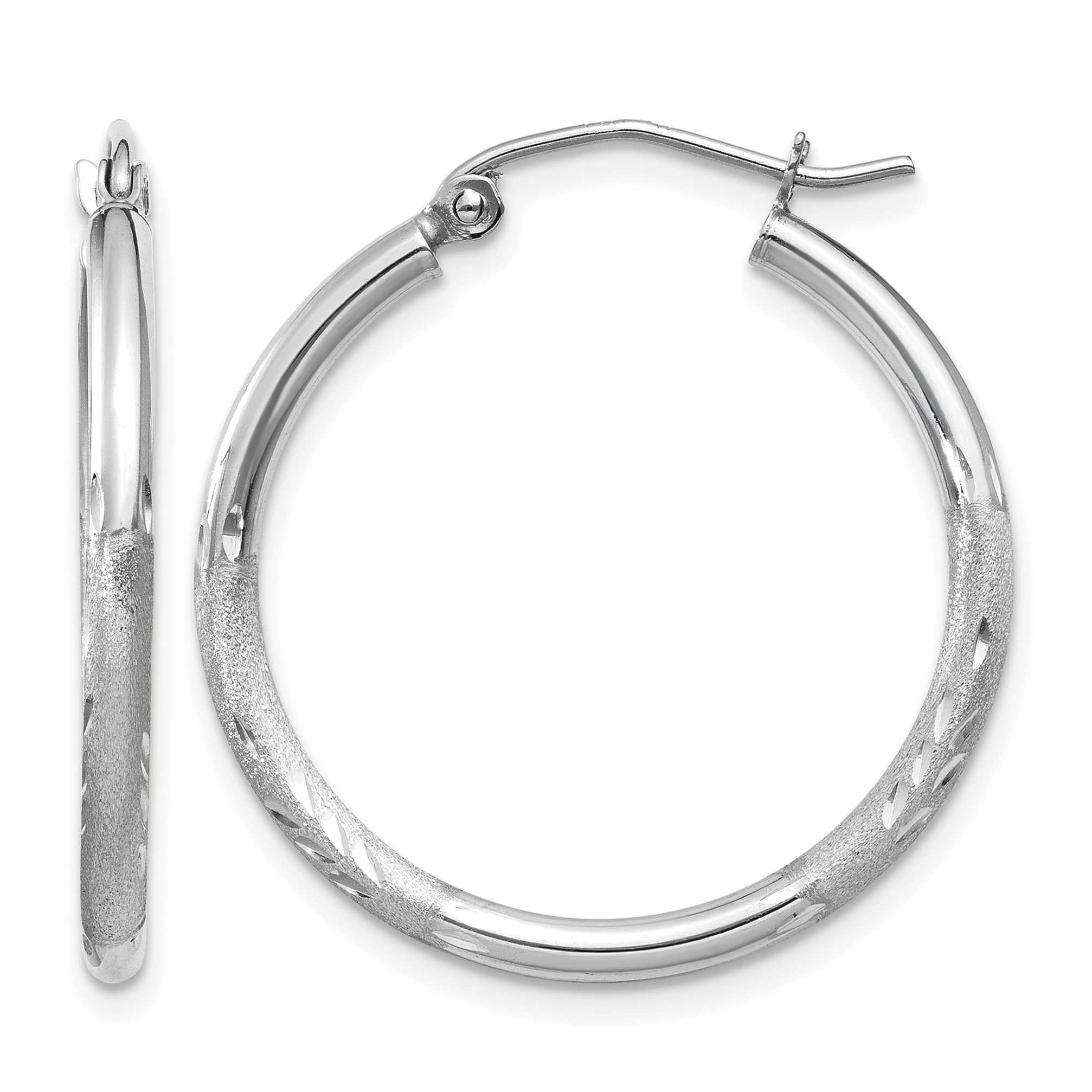 14k White Gold Satin and Diamond-cut 2mm Round Hoop Earrings (TC197)