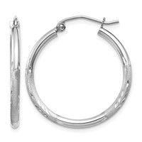 14K White Gold 2x 25mm Satin Diamond-cut Round Tube Hoop Earrings view 1