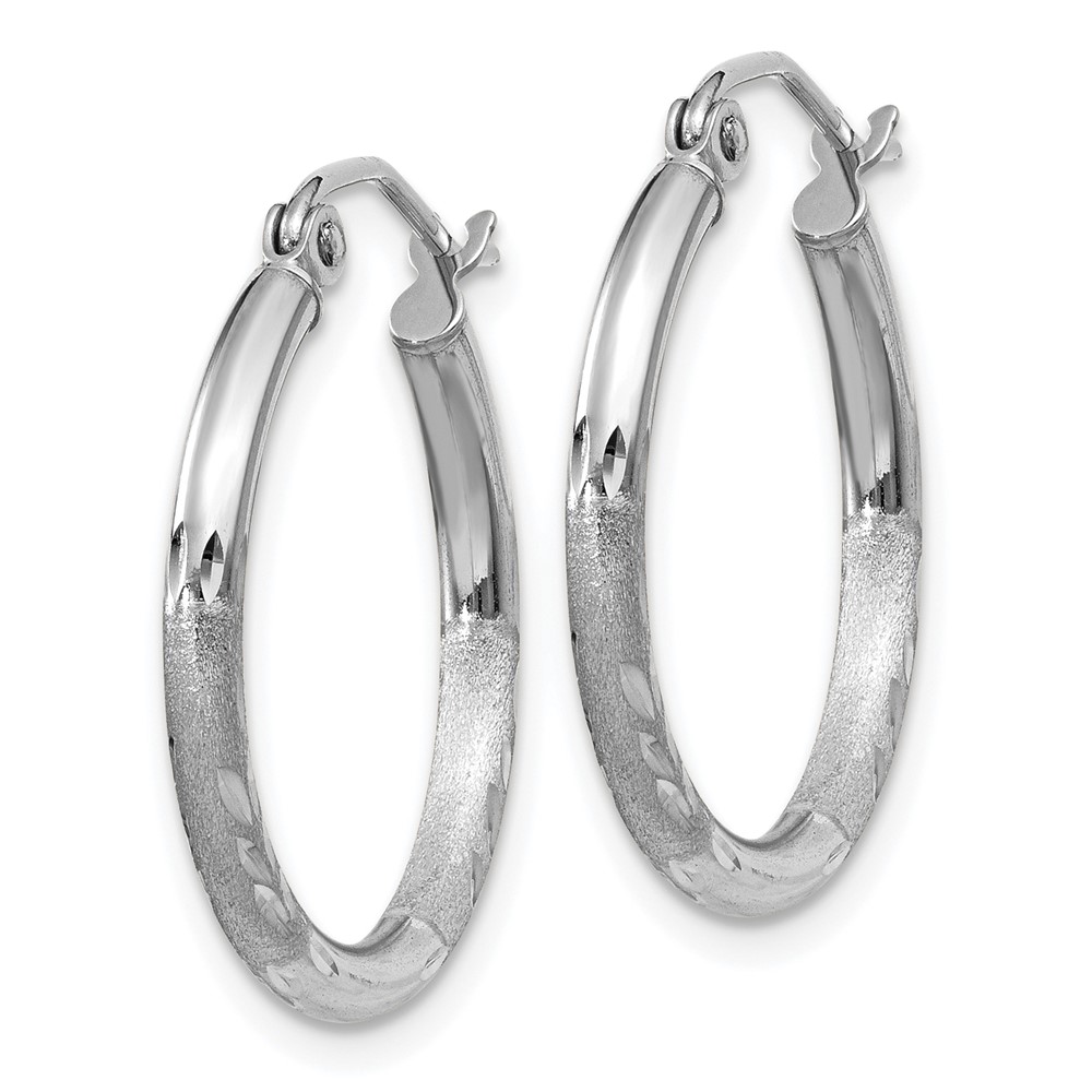 14k White Gold Satin and Diamond-cut 2mm Round Hoop Earrings (TC198)