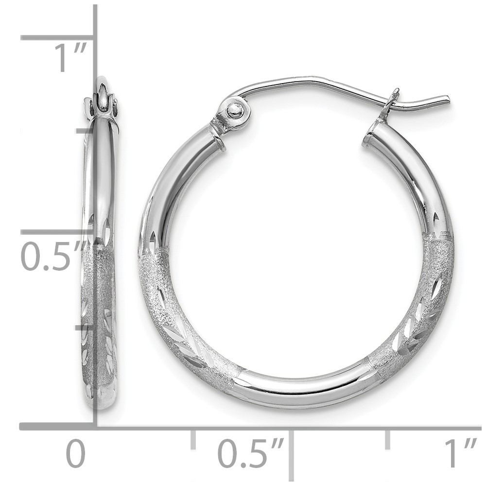 14k White Gold Satin and Diamond-cut 2mm Round Hoop Earrings (TC198)