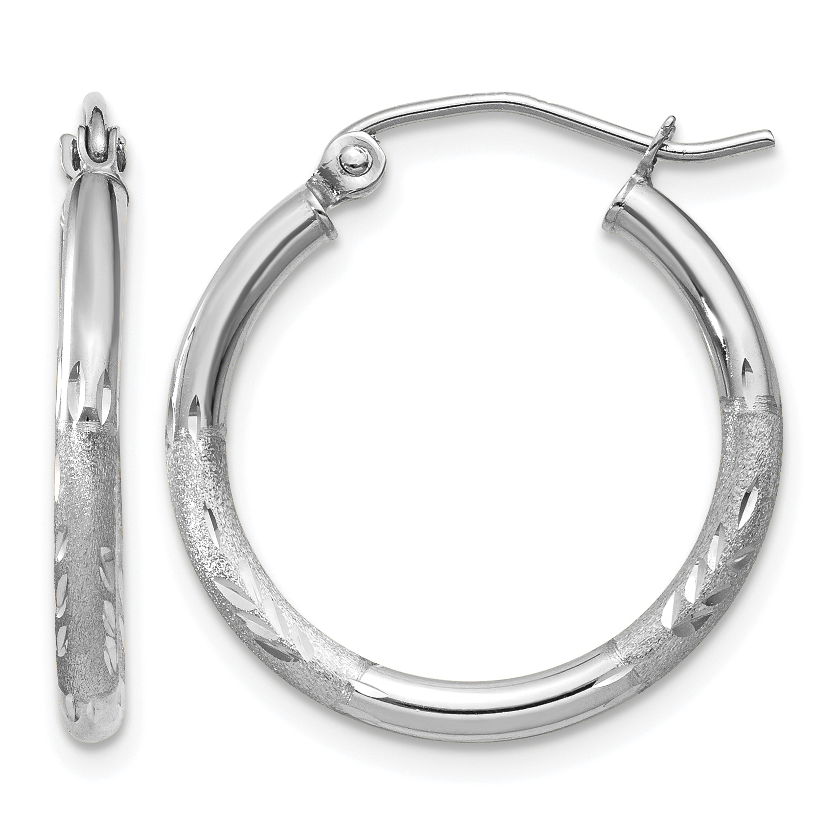 14k White Gold Satin and Diamond-cut 2mm Round Hoop Earrings (TC198)