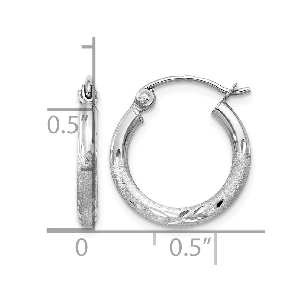14k White Gold Satin and Diamond-cut 2mm Round Hoop Earrings (TC199)