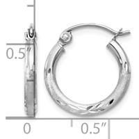 14K White Gold 2x 15mm Satin Diamond-cut Round Tube Hoop Earrings view 4