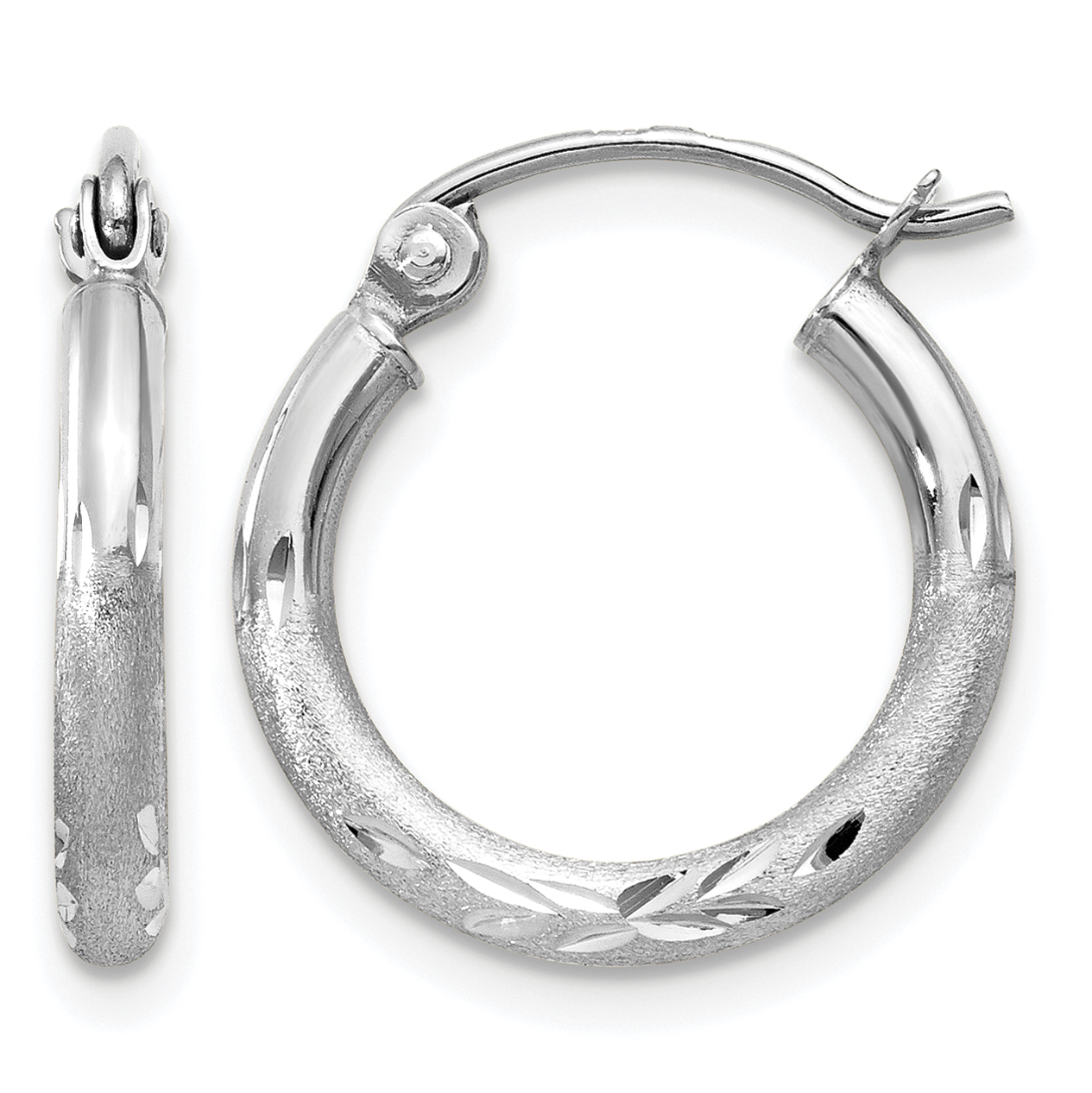 14k White Gold Satin and Diamond-cut 2mm Round Hoop Earrings (TC199)