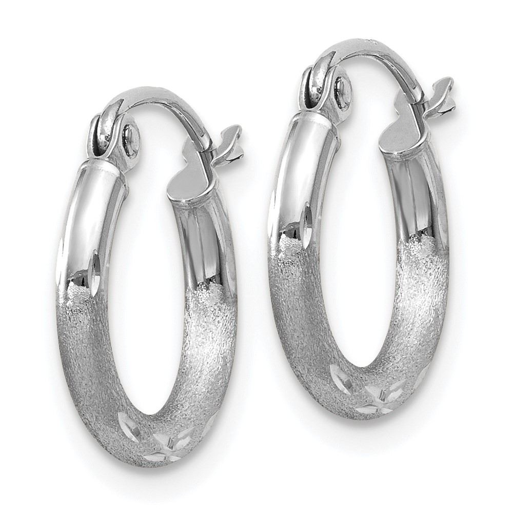 14k White Gold Satin and Diamond-cut 2mm Round Hoop Earrings (TC200)