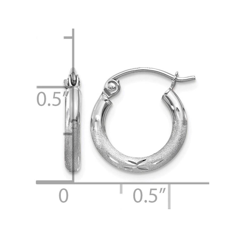 14k White Gold Satin and Diamond-cut 2mm Round Hoop Earrings (TC200)