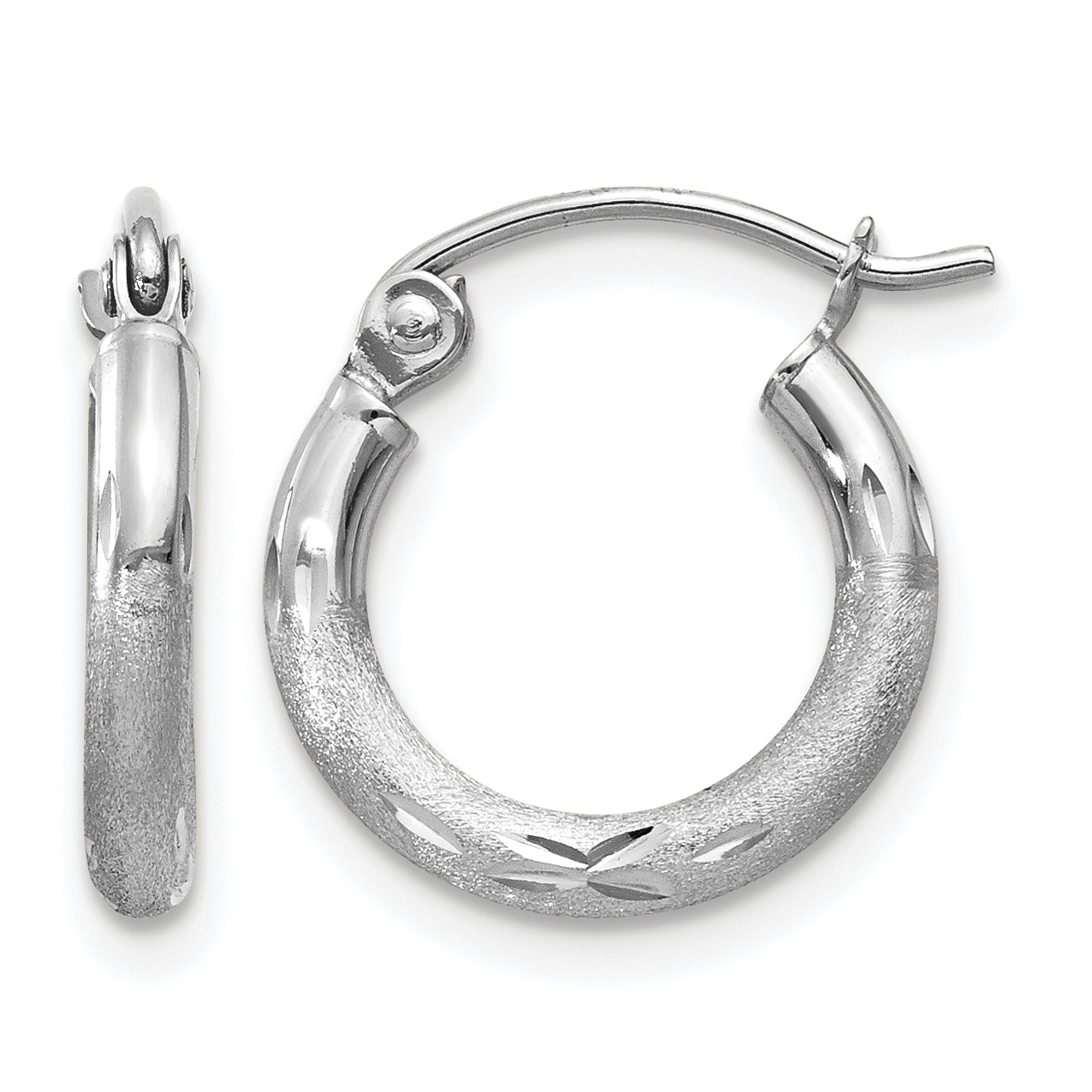 14k White Gold Satin and Diamond-cut 2mm Round Hoop Earrings (TC200)