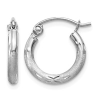 14K White Gold 2x 13mm Satin Diamond-cut Round Tube Hoop Earrings view 1