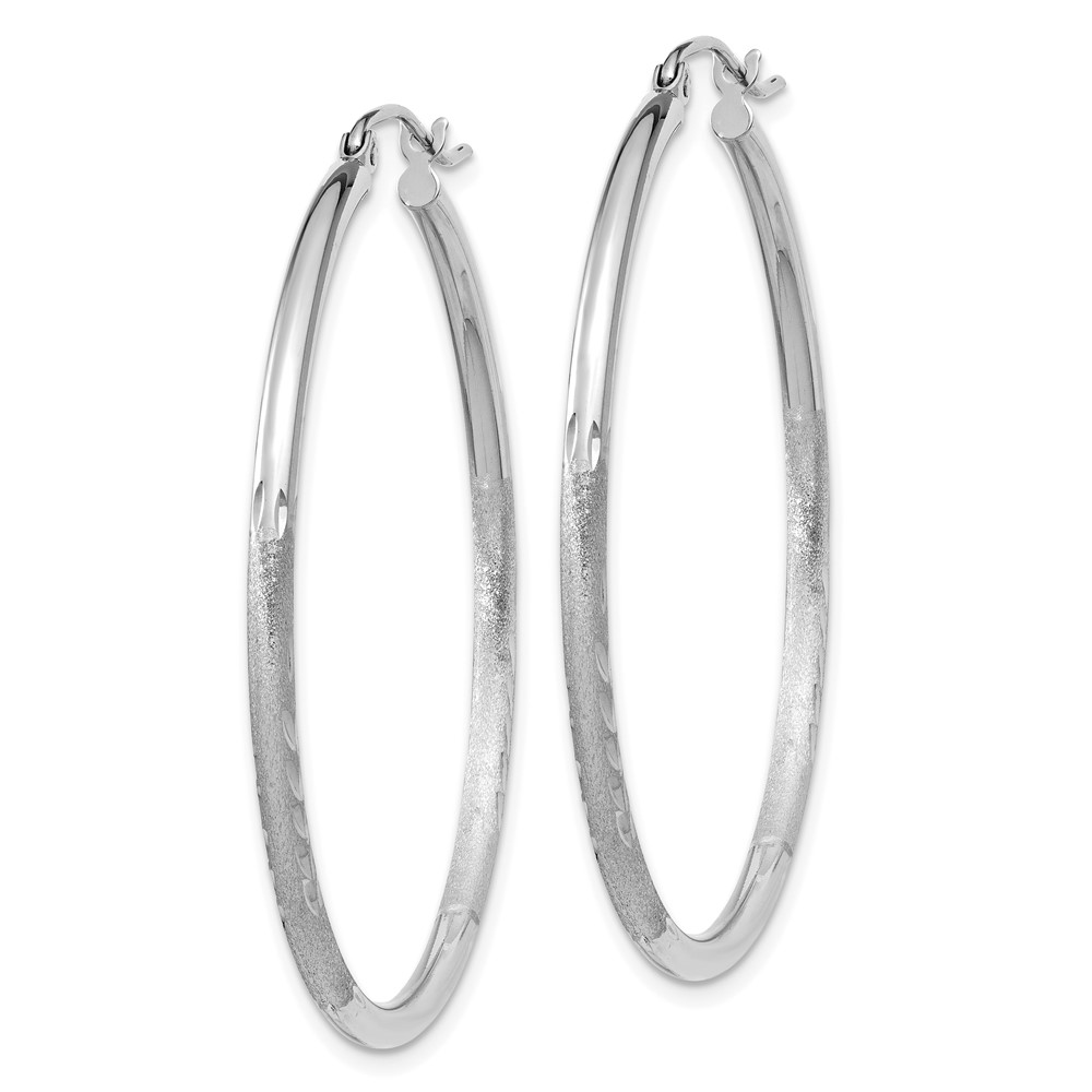 14k White Gold Satin and Diamond-cut 2mm Round Hoop Earrings (TC201)