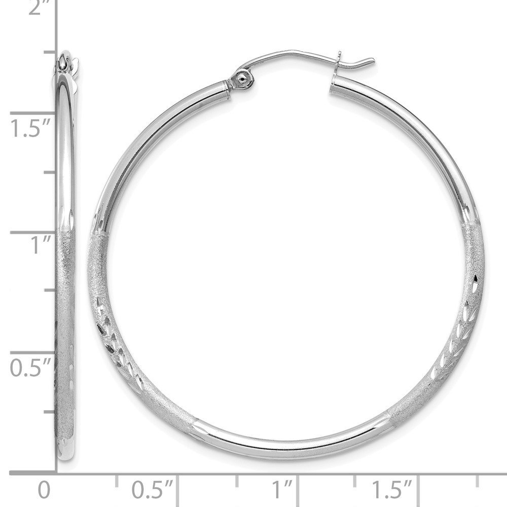 14k White Gold Satin and Diamond-cut 2mm Round Hoop Earrings (TC201)