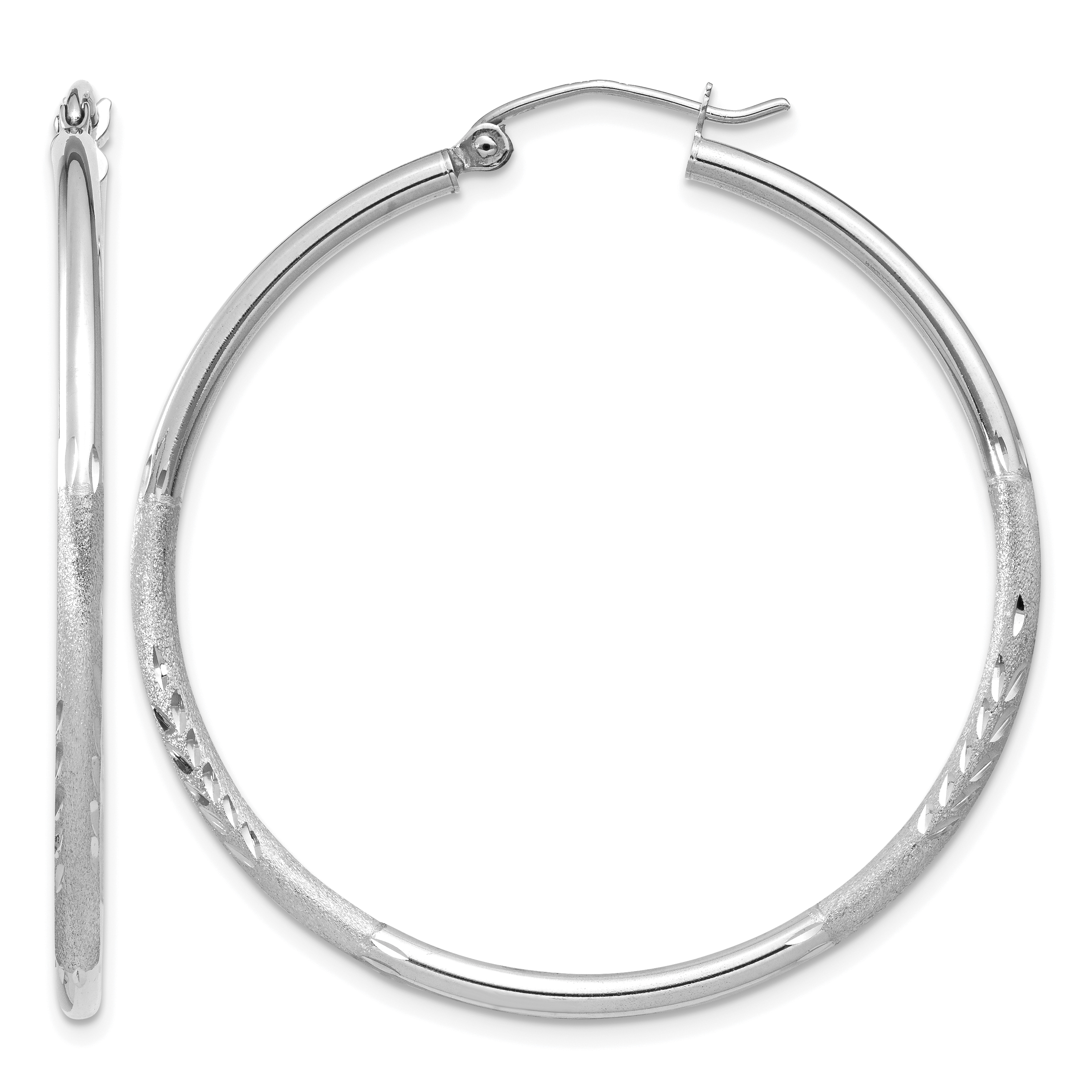 14k White Gold Satin and Diamond-cut 2mm Round Hoop Earrings (TC201)